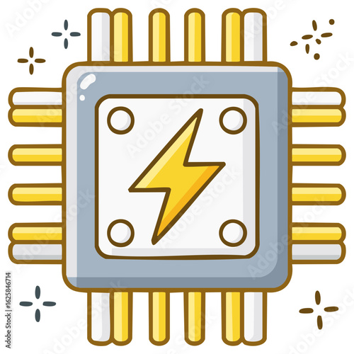 Sparkling cartoon CPU microprocessor icon with a lightning bolt symbol representing energy and processing power