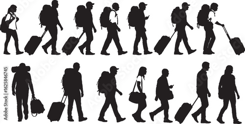Silhouettes of travelers with backpacks and luggage, silhouette, people, travelers, backpacks, luggage, suitcases, walking, journey, travel, transportation, airport, station, movement, black and white
