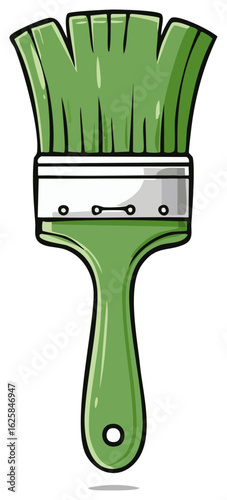 Illustration of a Green Paint Brush with a Handle. The brush bristles are a similar color to the handle. Cartoon Style