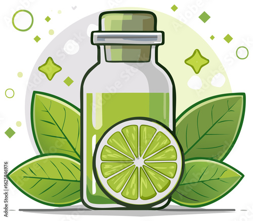 Natural lime essential oil in a glass bottle with a fresh lime slice and leaves