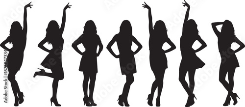 Women posing in various dynamic stances silhouettes, women, silhouettes, posing, dynamic, stances, fashion, high heels, dresses, black, white, standing, dancing, elegant, stylish, confident, celebrati