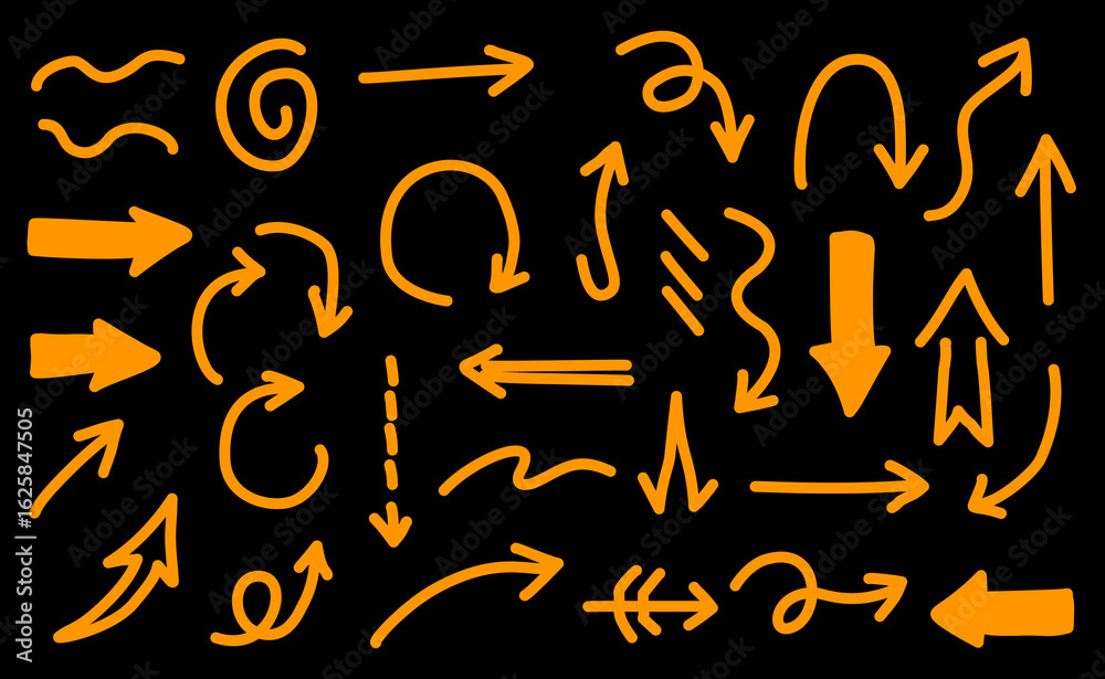 Hand-drawn orange arrows set on black background. Doodle style arrows in various directions, curves, spirals, and shapes. Perfect for design elements, presentations, or infographics. Hand-drawn orange arrows set on black background. Doodle style arrows in various directions, curves, spirals, and shapes. Perfect for design elements, presentations, or infographics.