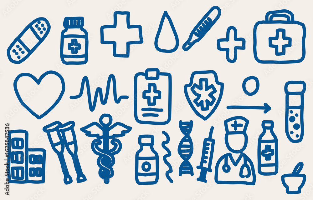 Fototapeta premium Blue hand-drawn medical and healthcare icons. Includes pills, bandage, heart, stethoscope, thermometer, syringe, DNA, doctor, first aid kit, test tube, and hospital symbols. Perfect for medicine,
