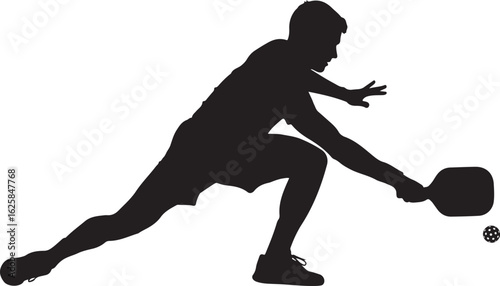 Silhouette of a pickleball player in an athletic lunge hitting a volley shot.