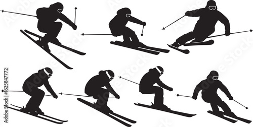 Black silhouette skiers in motion on white background, skiing, skier, silhouette, black, white, snow, winter, sport, action, downhill, ski poles, goggles, motion, speed, active, recreation, outdoor, a