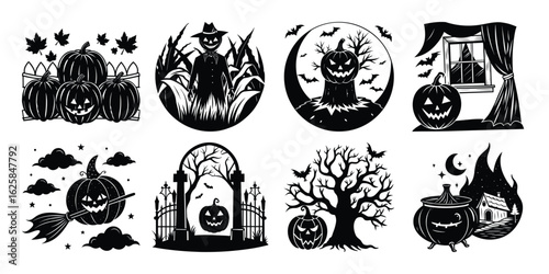 Pumpkins in Spooky Halloween Scenes Silhouette Vector Illustration Set.