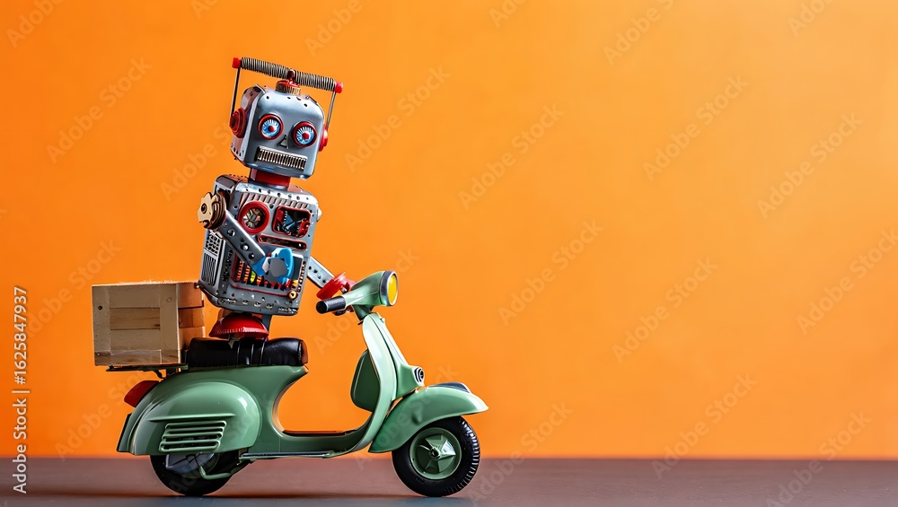 Obraz premium Whimsical Retro Robot Toy Riding a Vintage Mint Green Scooter with a Cardboard Delivery Box