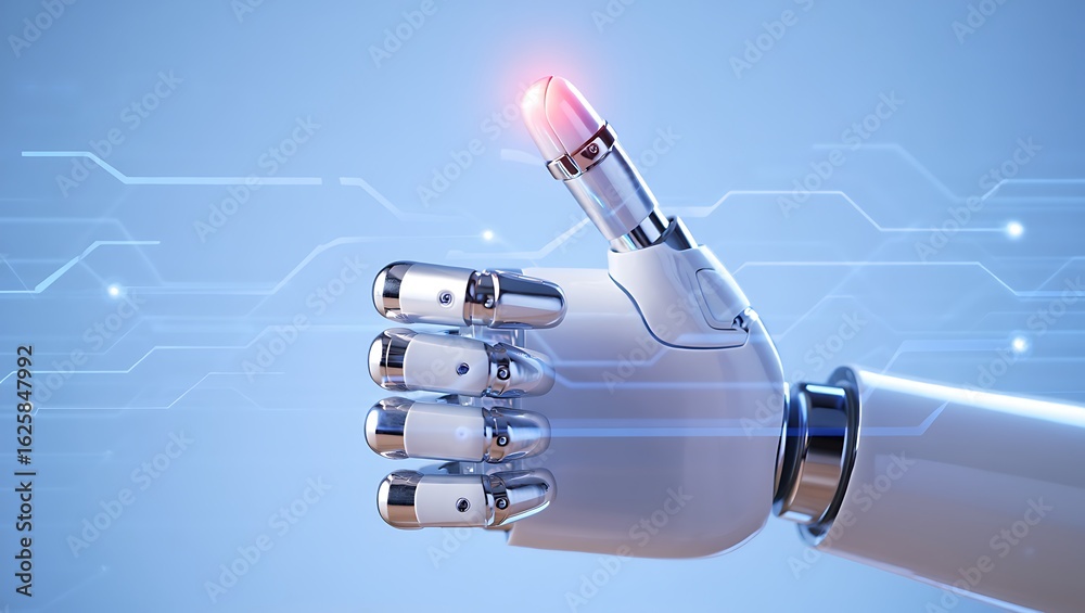 Fototapeta premium Sleek White and Chrome Robotic Hand Displaying a Thumbs-Up Gesture Against a Blue Circuit Background