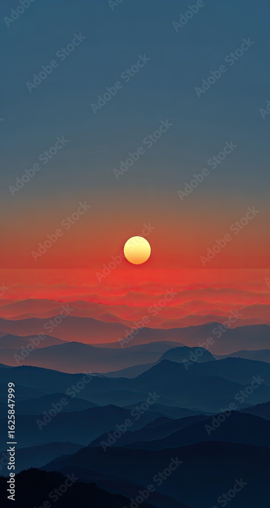 Obraz premium Sunrise over a hazy mountain range. A vibrant sunrise paints the sky with orange and red hues, while a pale yellow sun rests above a series of misty mountain ranges