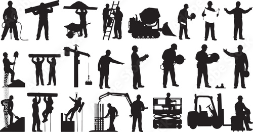 Construction workers with tools and equipment silhouettes, construction, workers, silhouettes, tools, equipment, jackhammer, lumber, wheelbarrow, ladder, cement mixer, blueprint, crane, shovel, concre