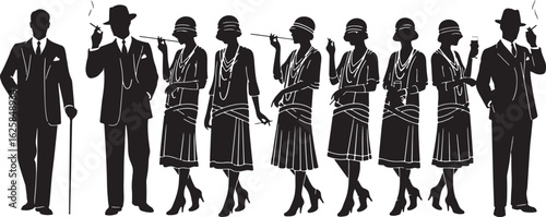 Elegant figures in vintage attire smoking and holding drinks, vintage, art deco, silhouettes, people, men, women, fashion, smoking, cigarettes, drinks, hats, suits, dresses, jewelry, cane, black and w