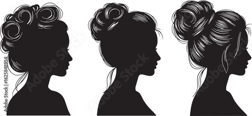 Elegant woman profile silhouettes with curled hairstyles, silhouette, woman, profile, elegant, hairstyle, curls, black and white, vintage, fashion, beauty, portrait, graphic, illustration, design, fem