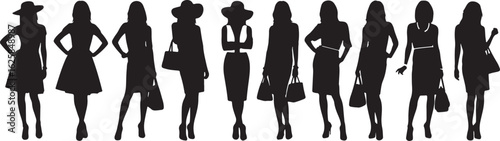 Elegant women silhouettes with handbags and hats fashion, women, silhouettes, fashion, handbags, hats, dresses, skirts, high heels, stylish, elegant, professional, casual, diverse poses, black and whi