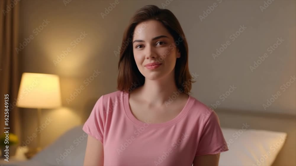 A beautiful woman wearing a pink short-sleeved T-shirt A beautiful woman wearing a pink short-sleeved T-shirt