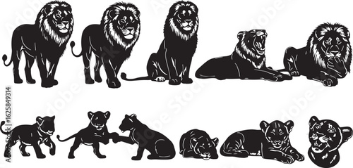 Majestic lions and cubs in various poses lion cubs, lions, lion cubs, wildlife, animals, black and white, silhouette, majestic, powerful, playful, resting, roaring, standing, sitting, lying down, natu