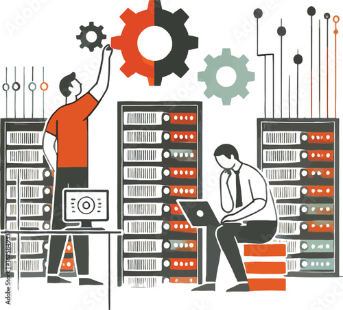 Men working with servers and gears in data center server room