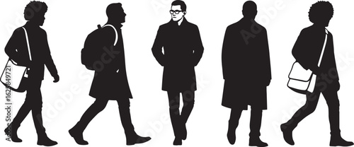 Silhouettes of men walking with bags and coats vector, men, silhouettes, walking, bags, coats, black, white, people, fashion, casual, professional, outdoor, urban, movement, style, modern, graphic, il