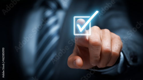 Businessman touching blue checkmark icon on virtual screen for quality control, digital technology and business concept. Business man's finger points to online proven service with high standard.