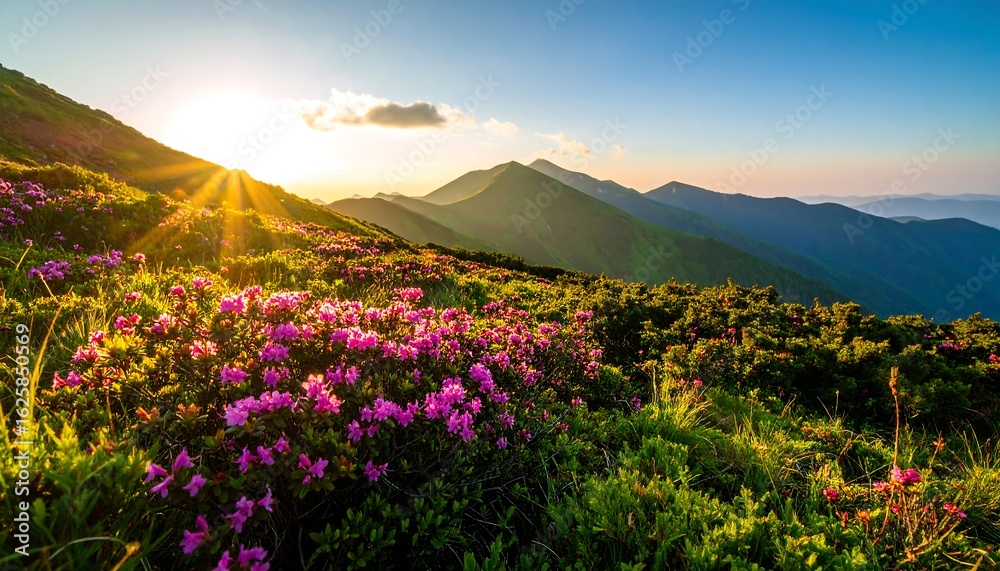 Fototapeta premium Carpathian Mountains rhododendron blooms at sunrise with sun rays and layered peaks