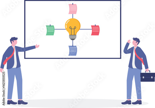 Vector illustration of team brainstorming with sticky notes on whiteboard creative problem solving
