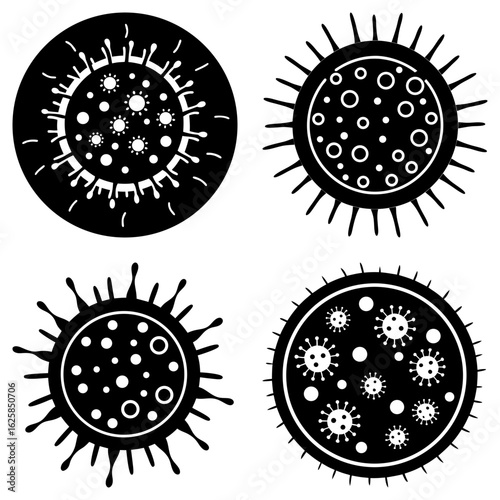 Illustration of four black and white virus cells with circular bodies and spike like projections around them