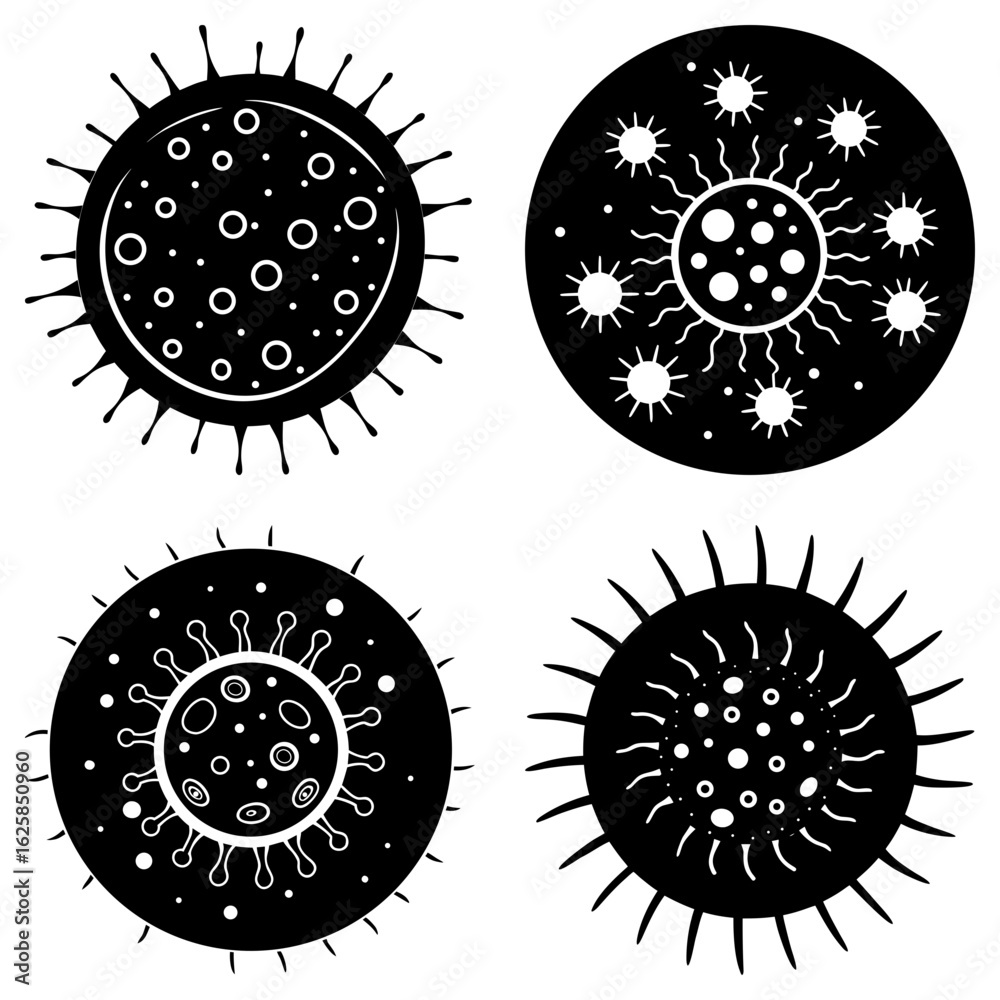 Fototapeta premium Four black and white stylized virus illustrations with spiky projections and internal details shown clearly