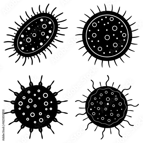 Illustration of four different types of bacteria cells with flagella and circular internal structures