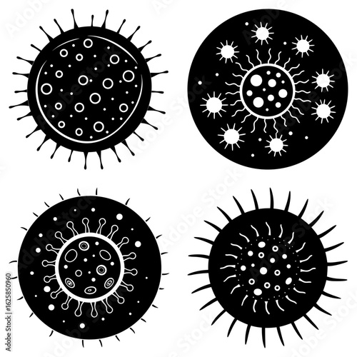 Four black and white stylized virus illustrations with spiky projections and internal details shown clearly