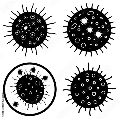 Four stylized black and white virus cells with spiky projections and internal patterns illustration art
