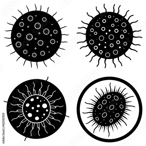 Four black and white virus illustrations with circular bodies and spiky projections in varying styles