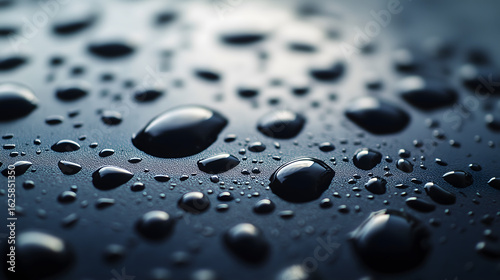 water droplets on a surface, each droplet reflecting soft ambient light