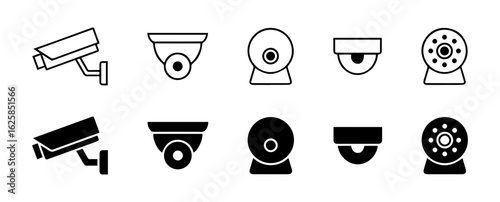 Vector  collection of security camera icons in black and white outline on transparent background