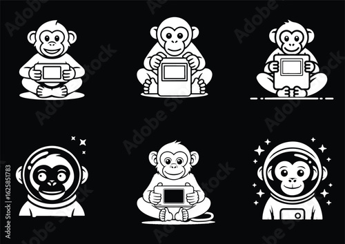 A diverse collection of monochrome monkey character illustrations. This set includes cute primate mascots sitting and holding a blank screen, plus adorable ape astronauts in space helmets.