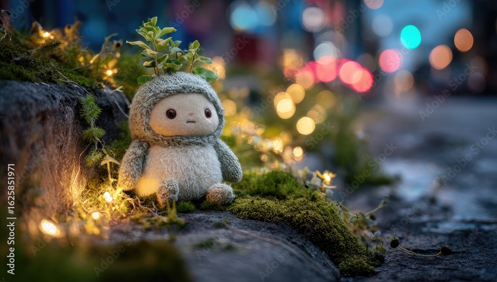 Obraz premium Fluffy creature sits on mossy rocks, lit by warm lights. Night scene
