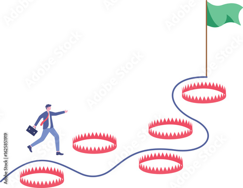 Smart businessman avoid numerous pitfalls to achieving business success. He bravely navigates past mistakes and failures,

