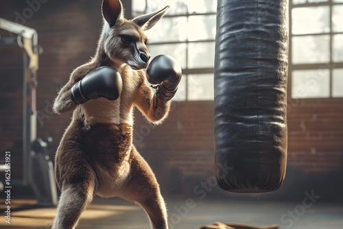 kangaroo dressed as a boxer punching a heavy bag in a gym, muscular form and action pose 
