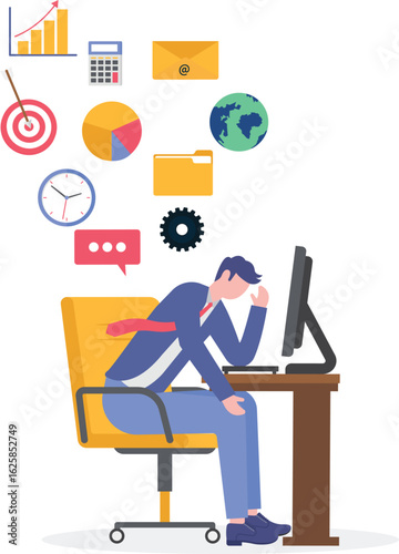 Frustrated businessman running away from flying social and work information, illustration information overload.
