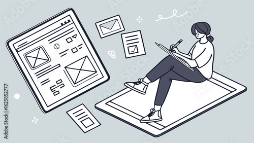 Young woman UX designer sketching website wireframe on tablet, modern line art style, calm mood.
