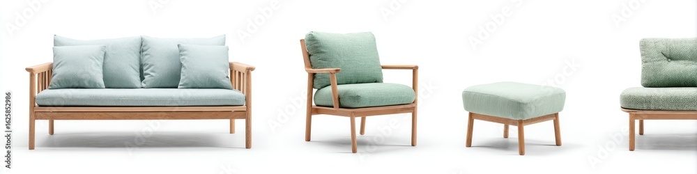 Obraz premium Light wood furniture set with sage green cushions