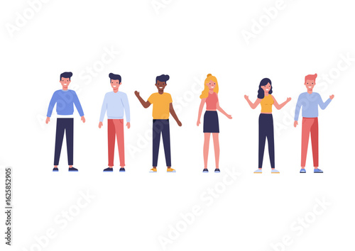 A diverse group of young cartoon characters standing together. A set of multicultural men and women in casual attire isolated on a white background.