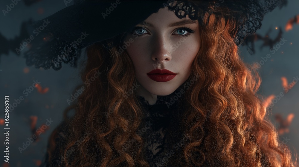 Fototapeta premium beautiful young witch with long curly red hair, wearing black witch hat, red lipstick, mysterious expression, bats flying in dark foggy background