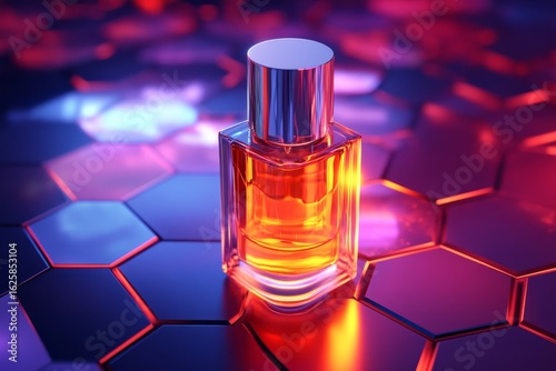 An amber perfume bottle on a geometric surface.
