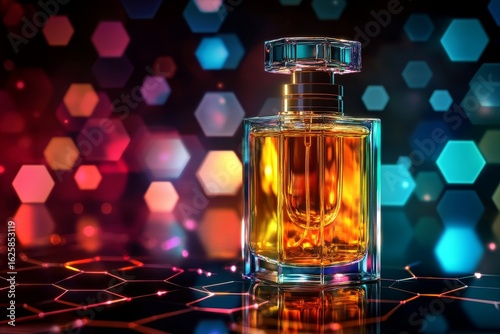 Ornate perfume bottle against a backdrop of vibrant, glowing hexagons.