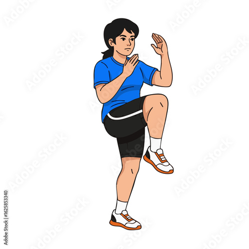 A woman in athletic wear performing a high knee exercise. A concept for cardio fitness, warm-up routines, and a healthy lifestyle. Vector illustration.