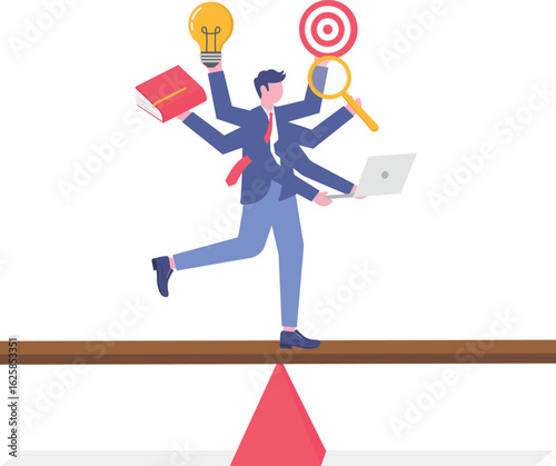 Businessman juggling multiple tasks balancing on tightrope concept multitasking challenges
