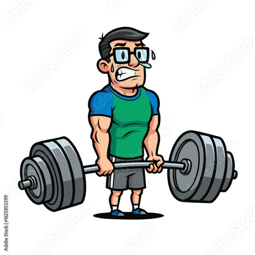 A nerdy man with glasses strains with effort, struggling to lift a very heavy barbell during an intense workout