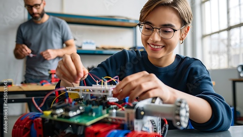 Smiling young woman with glasses assembling a colorful robot chassis with intricate wiring in a workshop setting.
