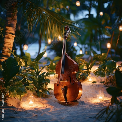 Acoustic guitar surrounded by candles and tropical plants at sunset