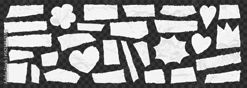White torn crumpled paper dialog box set. Vector ripped papers. Distressed edge frames. Grungy headline stickers. Rough wrinkled irregular shape crown, flower and heart isolated speechbox pieces