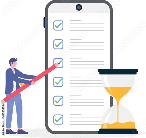 Flat illustration of businessman check deadline checklist with alarm clock and hourglass to do list time management effective business planning
